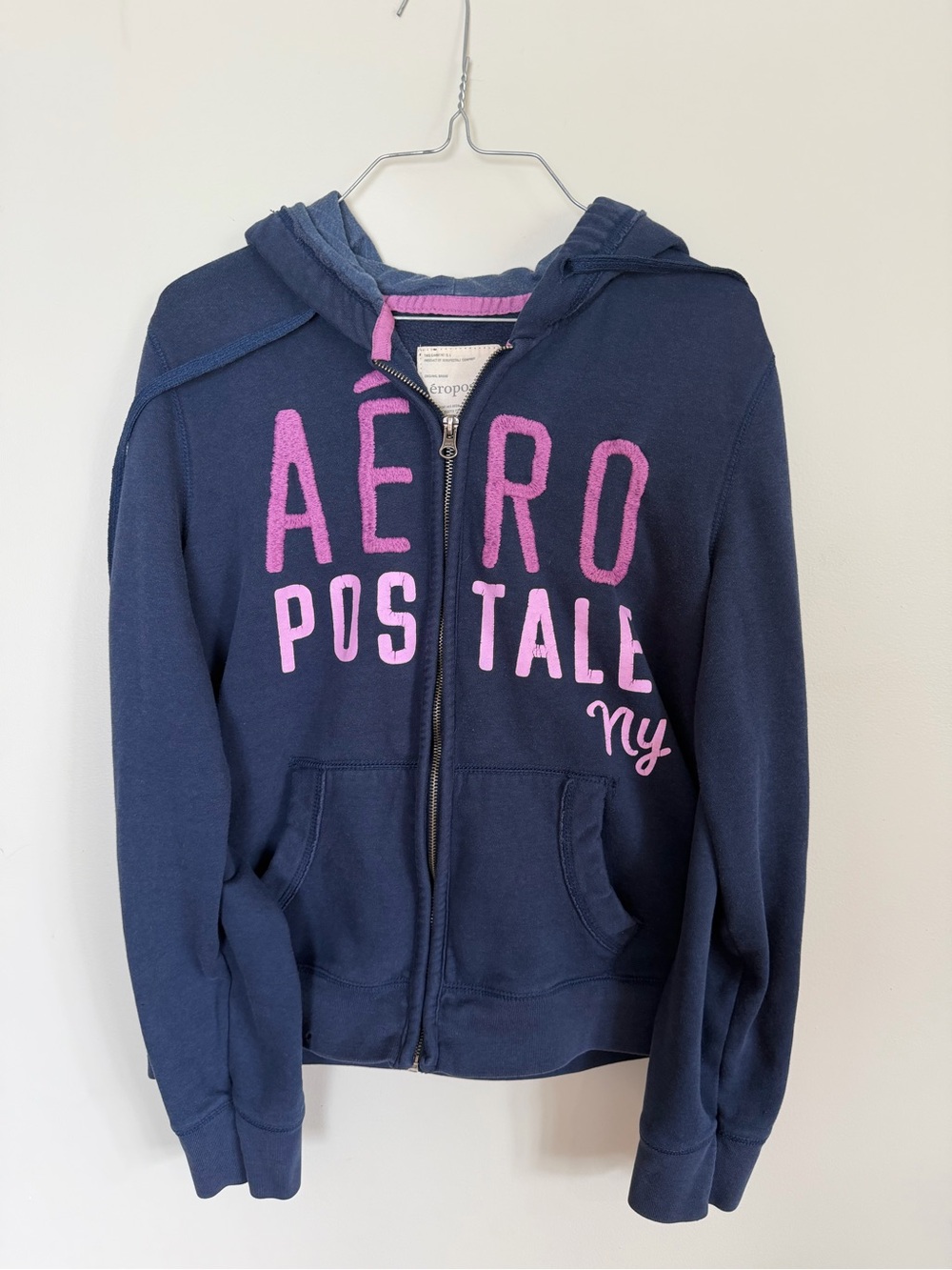 Vintage Y2K Aeropostale Navy Blue Pink Graphic Zip Up Hoodie XL
